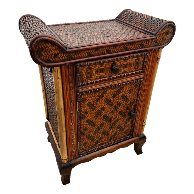 1960s Asian Mid Century Nightstand Cabinet With Drawer Wicker and Bamboo Curved Top For Sale