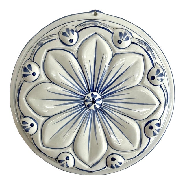Vintage Blue and White Ceramic Flower Wall Mold For Sale