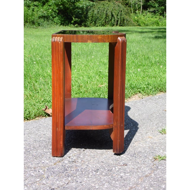 Vintage Art Deco Cobalt Blue Mirror Glass Side Table Walnut End Table