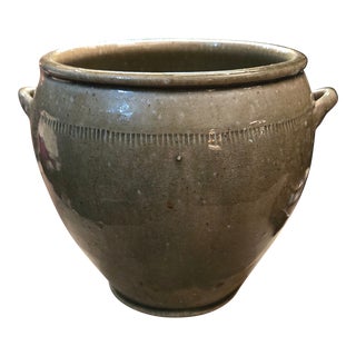Large Vintage Farmhouse Chunky Green Pottery Vase With Handles For Sale