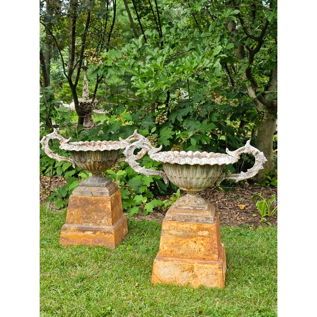 Antique White Antique Cast Iron Victorian Garden Urns - a Pair For Sale - Image 8 of 10
