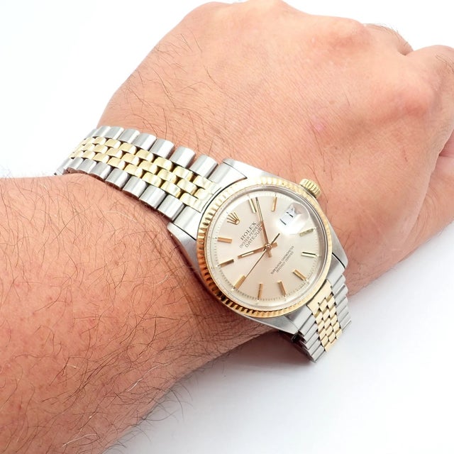 1970s Rolex Oyster Perpetual Watch Datejust 36mm Stainless 18k Gold Jubilee Band Mens For Sale - Image 9 of 11