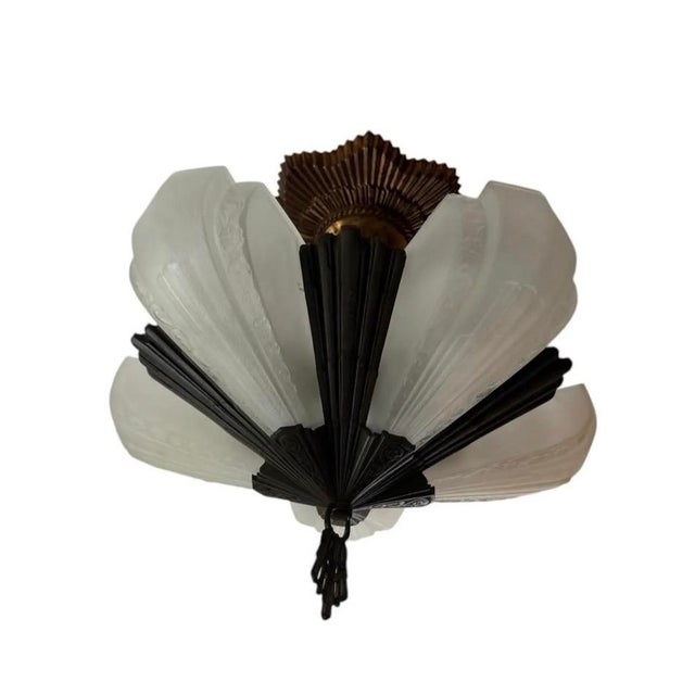 1910s Art Deco Fan Style Chandelier With Copper Starburst Canopy For Sale - Image 4 of 8