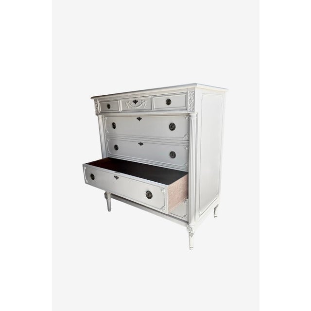 Antique European Tallboy | Solid Wood Chest of Drawers | French White Dresser | Original Hardware | Beige Mahogany Dresser For Sale - Image 6 of 6