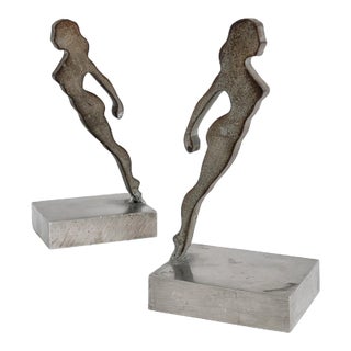 Vintage 1960s Pair of Handmade Welded Steel Pinup Girl Bookends For Sale