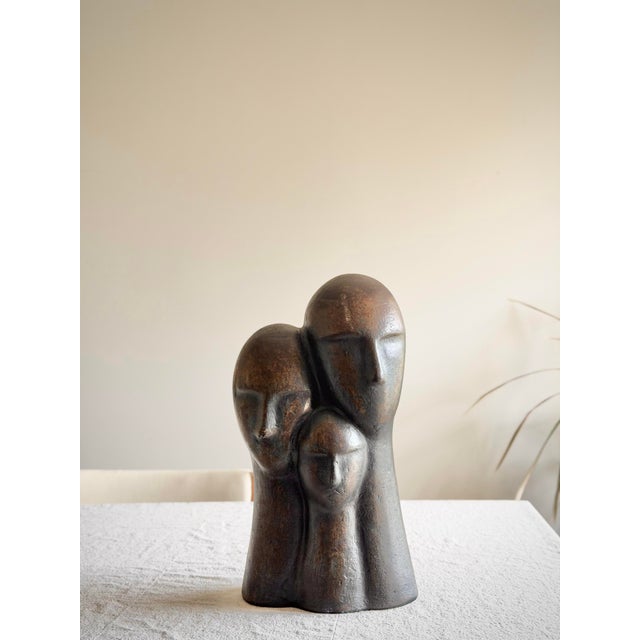 1970s 1970s Modernist Three-Head Bust Sculpture of Bronzed Terracotta in Brancusi / Modigliani Style Abstract Figurative Ceramic For Sale - Image 5 of 12