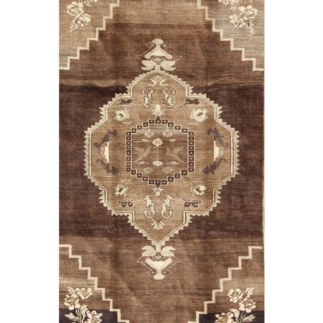 Mid 20th Century Mid 20th Century Vintage Brown Turkish Rug With Geometric Design in Various Brown Colors For Sale - Image 5 of 10