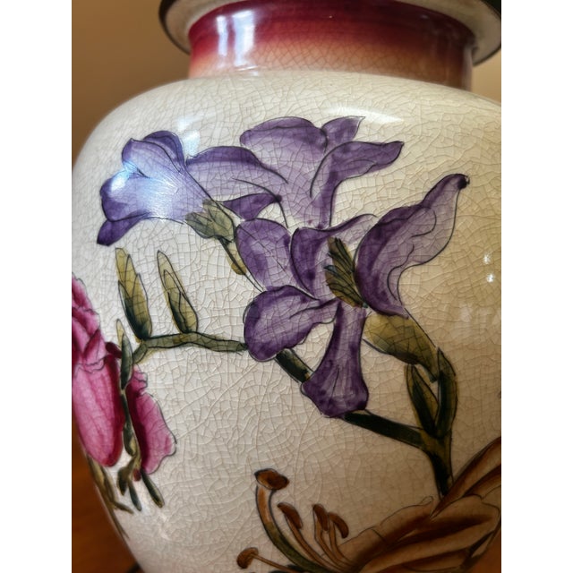 1980s 1980s Wildwood Large Floral Crackled Hand Painted Ceramic Table Lamp For Sale - Image 5 of 12