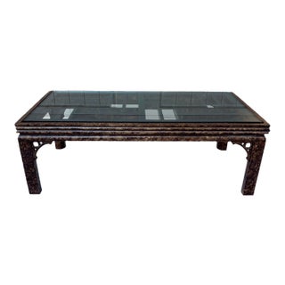 Vintage Burl Finish Chinoiserie Coffee Table With Glass For Sale
