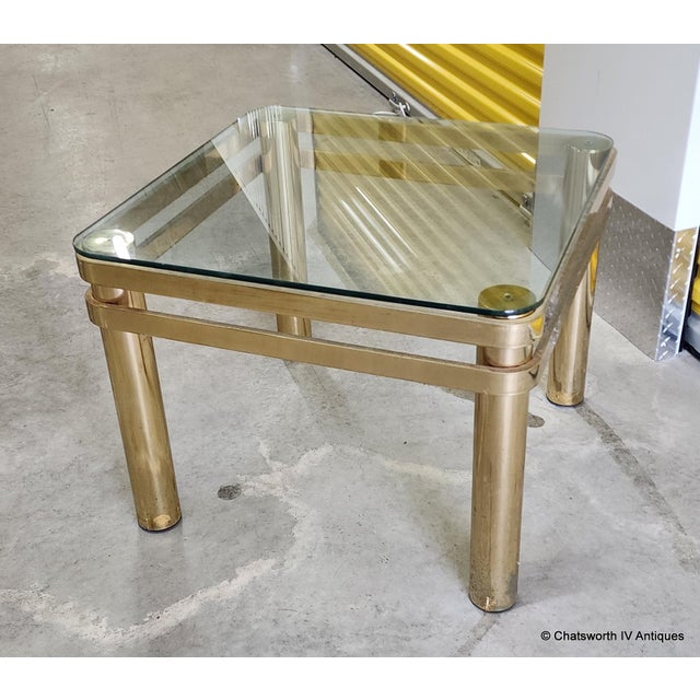 Vintage Brass Hollywood Regency Style Modern Contemporary Glass Top End Table 1 of 2 For Sale - Image 4 of 15