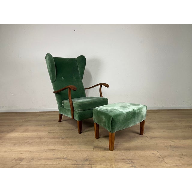 Set of Lounge Chair with Ottoman in Wood and Green Velvet by Paolo Buffa, 1950s For Sale - Image 9 of 9