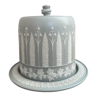 Antique James Dudson Jasperware Cheese Dome With Underplate – Mint Jasperware Relief Stoneware Cloché For Sale