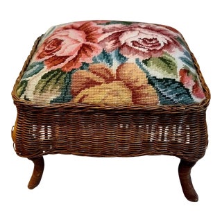 1990s Vintage Handcrafted Wicker Footstool With Floral Needlepoint Fabric For Sale