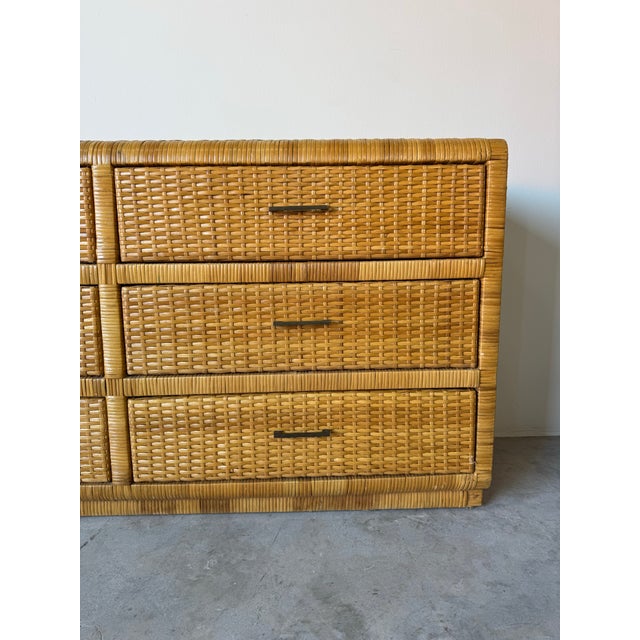 Vintage Coastal Wrapped Rattan Six-Drawer Dresser With Brass Handles For Sale - Image 4 of 12