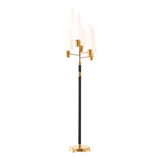 Scandinavian Modern Floor Lamp in Brass, Leather and Linen attributed to Hans Bergström, 1940s For Sale