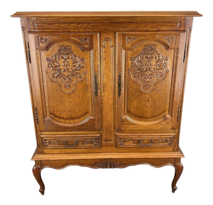 Vintage French Louis XIV Style Carved Oak Cupboard