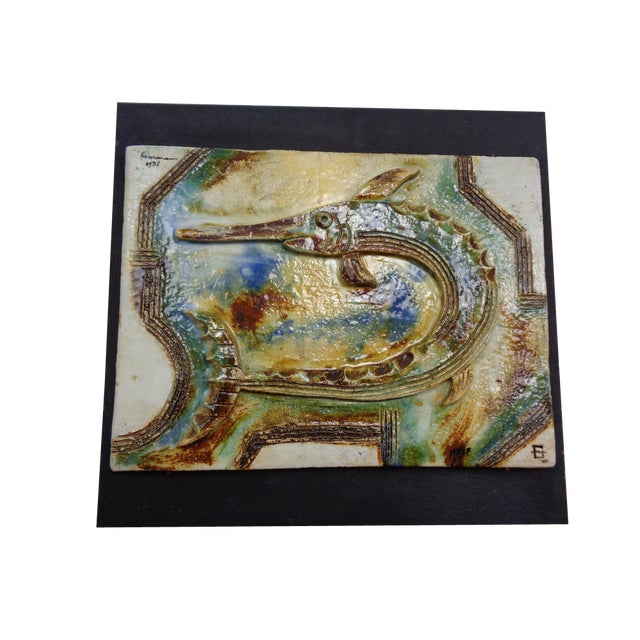 Large German Studio Ceramic Garfish Wall Plaque by Hausmann, 1978 For Sale