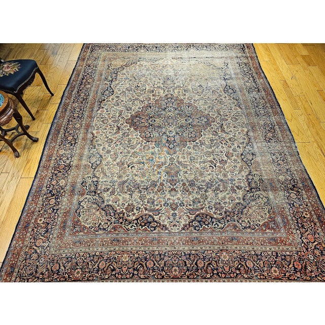19th Century 19th Century Persian Kashan Rug, Hand-Knotted Wool & Cotton, Floral Design, Ivory & Navy, 9x12 For Sale - Image 5 of 18