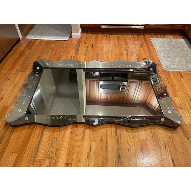 Wood Wonderful Vintage Mid-Century Modern Scalloped Edge Venetian Italian Wall Mirror For Sale - Image 7 of 8