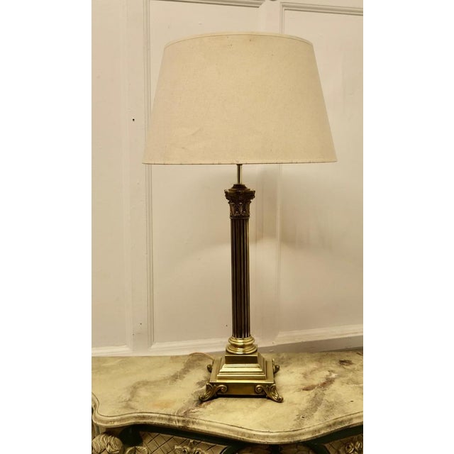 Tall Brass Corinthian Column Table Lamp with Shade, 1920 For Sale - Image 9 of 10