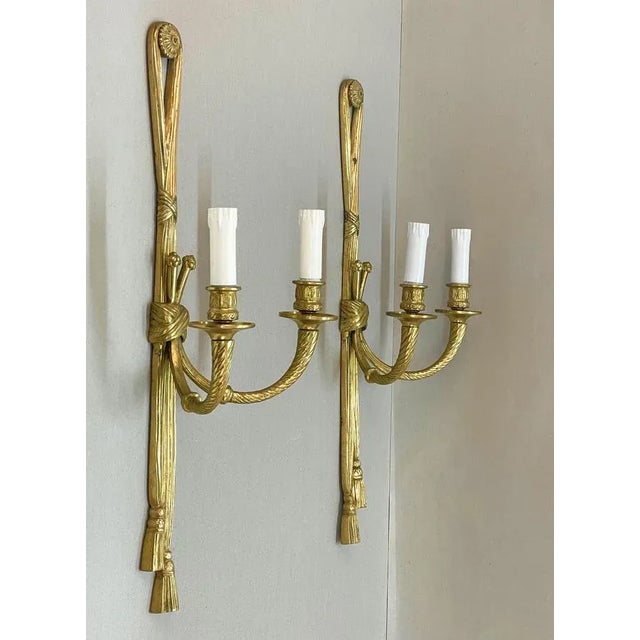 Metal 19th Century Louis XVI Style Knot and Tassel Candle Wall Lights, Set of 2 For Sale - Image 7 of 18