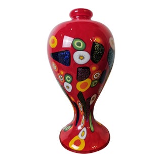 Vintage Murano-Style, Millefiori Hand Blown Red Art Glass Vase For Sale