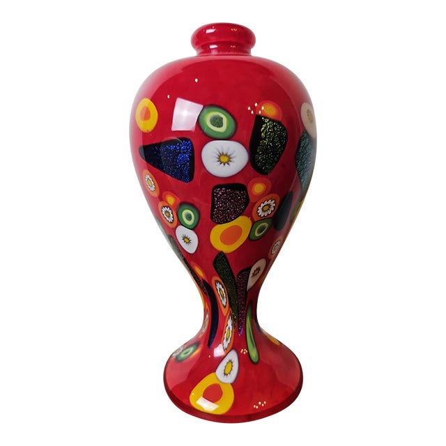 Vintage Murano-Style, Millefiori Hand Blown Red Art Glass Vase For Sale