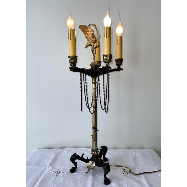 French Patinated & Gilt Bronze Candelabra Lamp. Egret Standing on Turtle on Reed Stem on Panther Head Paw Feet. Attributed...