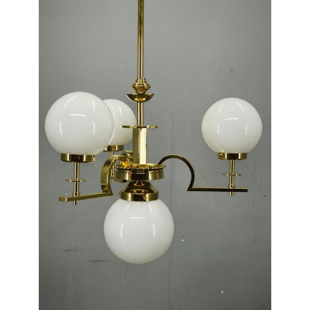Vintage Art Deco Brass and Opaline Glass Globe Chandelier, Czechoslovakia, 1930s For Sale - Image 10 of 12