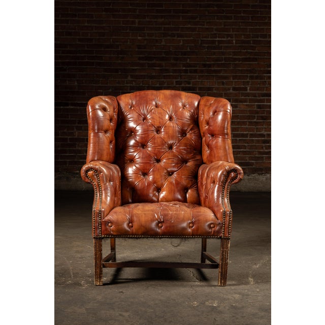 Traditional Mid 20th Century Tufted Vinyl Chesterfield Wingback Armchair in Brown For Sale - Image 3 of 17