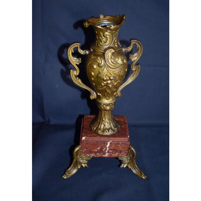 Antique French Rococo Metal Urn Vase Marble Base Mantle Garniture 19th C For Sale - Image 4 of 17