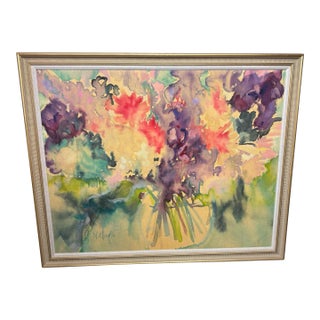 Late 20th Century Original Signed Watercolor Floral Still Life Painting Framed Mid Century Modern For Sale