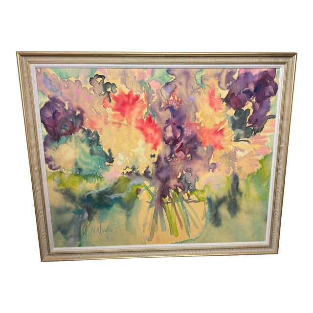 Late 20th Century Original Signed Watercolor Floral Still Life Painting Framed Mid Century Modern For Sale