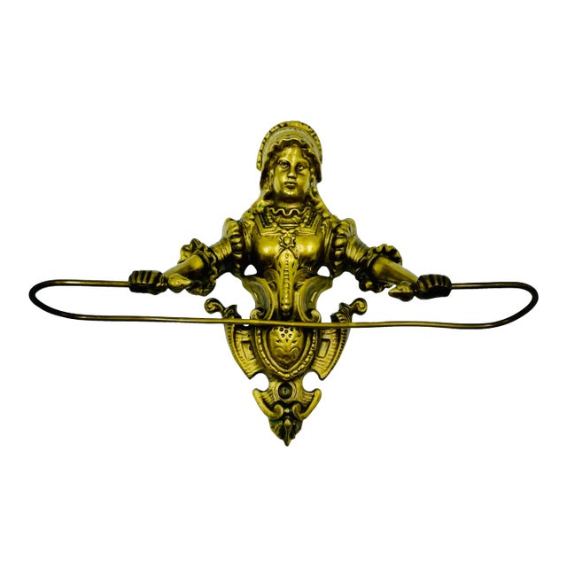 Mid 20th Century Victorian Style Brass Towel Holder With Woman Holding Rack For Sale