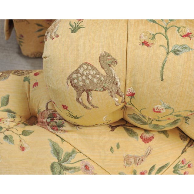 Pair of Tufted Lounge Chairs + Ottoman in Butter Print Fabric For Sale - Image 16 of 18