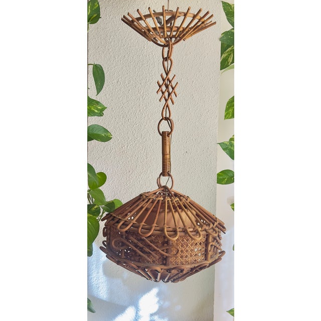 Bamboo and Rattan Pendant Lamp with Chinoiserie Details by Louis Sognot, 1950 For Sale - Image 9 of 9