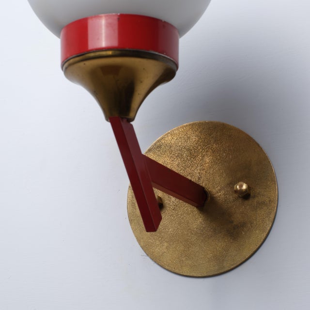 Mid-Century Modern Italian Brass, Red Lacquered Metal, and Opaline Glass Globe Wall Sconce, 1950s For Sale - Image 3 of 8