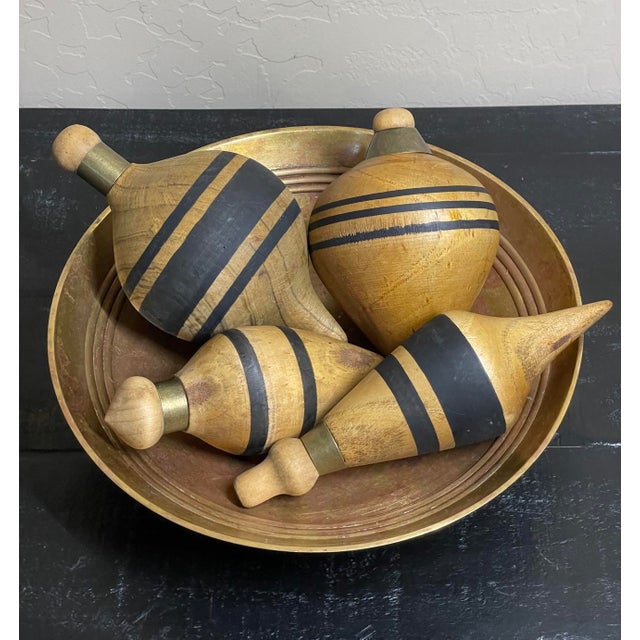 Wood Set of 4 Antique Striped Wood & Brass Spinning Tops For Sale - Image 7 of 10