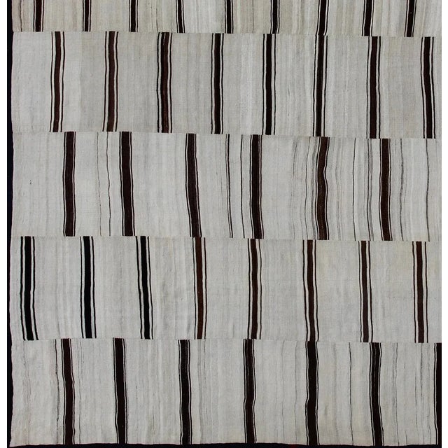 Mid 20th Century Mid 20th Century Large Vintage Turkish Kilim Rug With Vertical Stripes in Cream and Brown Stripes For Sale - Image 5 of 13