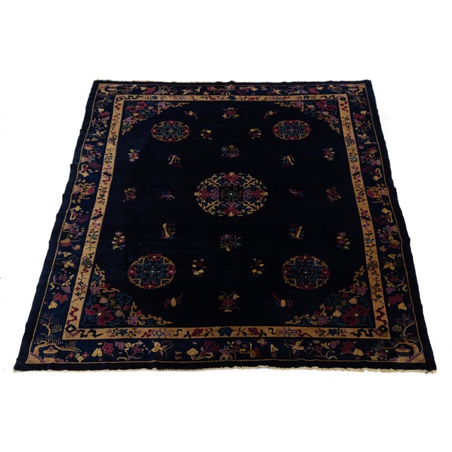 Antique Art Deco Chinese Wool Rug With Indigo Field and Lotus Medallions 9x11 For Sale In New York - Image 6 of 12