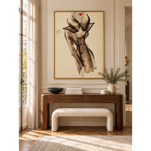 Art Deco Vintage French Fashion Art Print – Brown Coat Illustration With Red Lips, 24" X 32" For Sale - Image 3 of 9