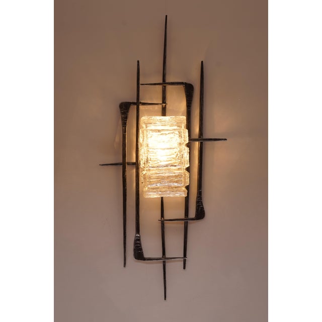 Glass Vintage Brutalist Wrought Iron Wall Lamp, 1960s-1970s For Sale - Image 7 of 13