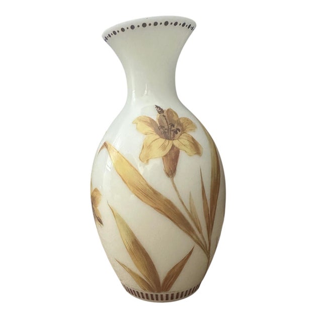 Harrach Riedel Bohemian Custard Hand Painted Lily Art Glass Vase For Sale - Image 4 of 5