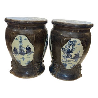 Pair Antique Chinese Brown Glaze With Blue & Withe Decor Garden Stools For Sale