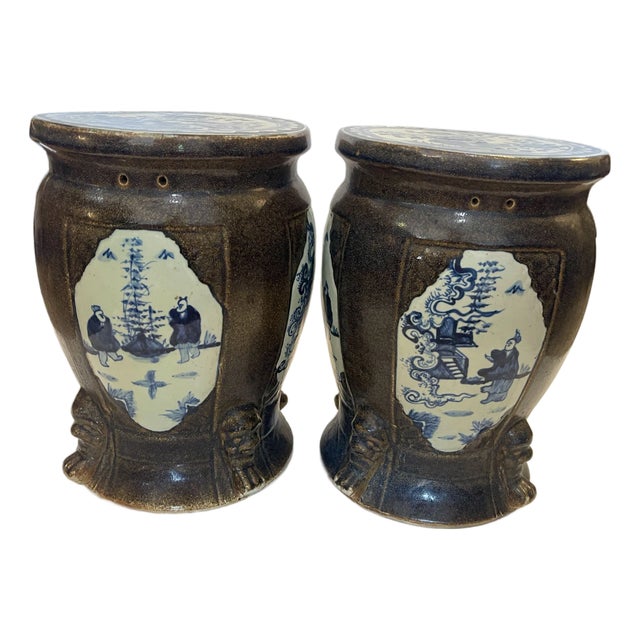 Pair Antique Chinese Brown Glaze With Blue & Withe Decor Garden Stools For Sale