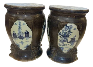 Pair Antique Chinese Brown Glaze With Blue & Withe Decor Garden Stools