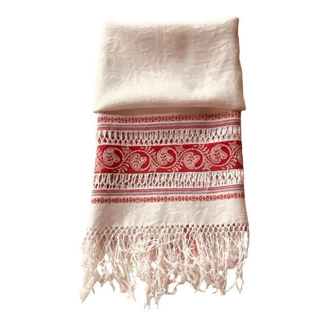 19th Century French Linen Trousseau Towel - Turkey Red Detail For Sale