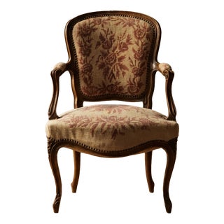 Vintage Louis XV Style Carved Armchair with Floral Upholstery, France, 1740s For Sale