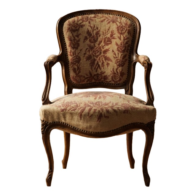 Vintage Louis XV Style Carved Armchair with Floral Upholstery, France, 1740s For Sale