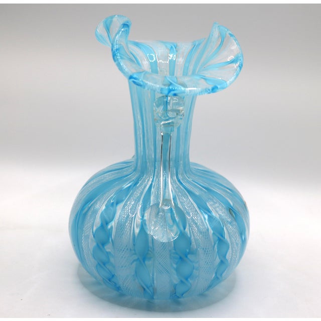Murano Mid-Century Murano Twin-Handled Latticino Art Glass Vase - Circa 1950s For Sale - Image 4 of 11